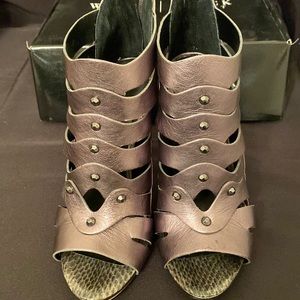 WHBM leather high heels pewter color  snakeskin detail on heel. Size 7.5